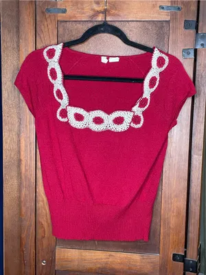 Anthropologie Moth Womens Red White Knit Top Sweater Small Crochet Square Neck thumbnail 2