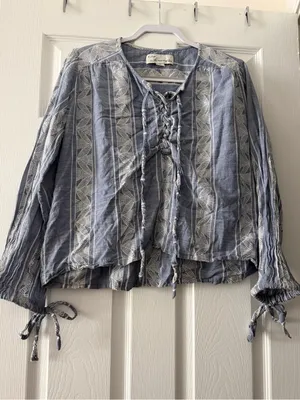 Vintage America Blue Cotton Lace Up Peasant Boho Beach Blouse M thumbnail 1