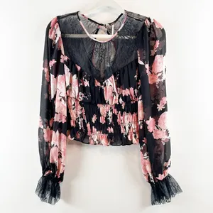 Free People Daphne Floral Long Sleeve Blouse Pink Black Medium thumbnail 2
