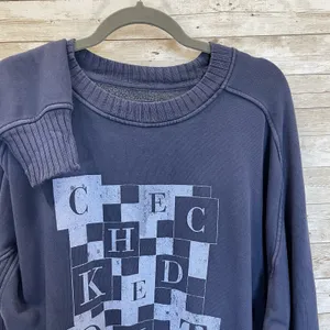 Aerie Womens M Sweatshirt Navy Checked‎ Out Graphic Pullover Crew Neck Oversized thumbnail 1