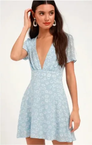 Lulu’s Garden Explorer Light Blue Floral Print Mini Dress XS thumbnail 1