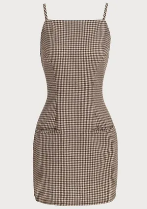 RIHOAS Brown Plaid Slip Mini Dress thumbnail 6