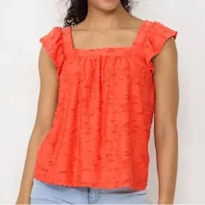 LC Lauren Conrad NWT Coral Ruffled Sleeve Square Neck Cross Back Top thumbnail 1
