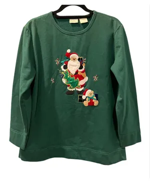 Vintage Bobbie Brooks Christmas Sweatshirt Green Santa Teddy Bear Embroidered M thumbnail 1
