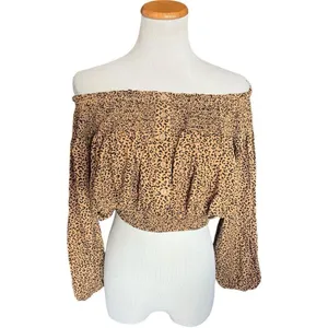 Womens Newbury Kustom Leopard Animal Print Wooden Button Off Shoulder Crop Top S thumbnail 2