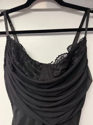 Current Mood Black Draped Slip Dress with Lace Trim thumbnail 3