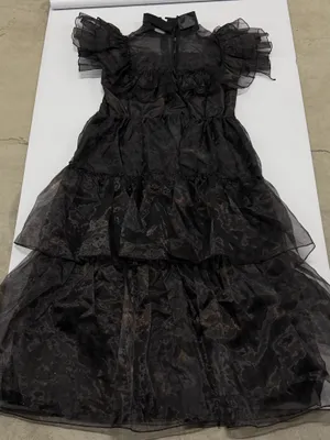 Wednesday Addams Gothic Tiered Maxi Dress Black Sheer Organza Ruffle Gown broken thumbnail 7