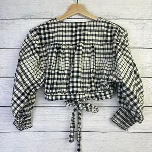 Zara Womens XS Gingham Top Cropped Plaid Flannel Black White Puff Sleeve‎ thumbnail 5