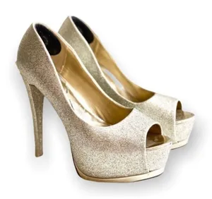 Womens Speed Limit 98 Gold Shimmer Glitter Open Toe Pumps Heels - Sz 8 thumbnail 1