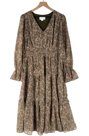 Love Riche Chiffon Olive Paisley Ruffle Long Sleeve Peasant Tiered Maxi‎ Dress M thumbnail 1