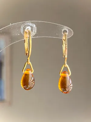Handmade amber mini teardrop Czech glass simple minimalist earrings💛 thumbnail 2