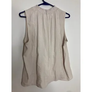 White House Black Market Blouse Womens 10 Beige Excellent Smocked Embroidered thumbnail 6