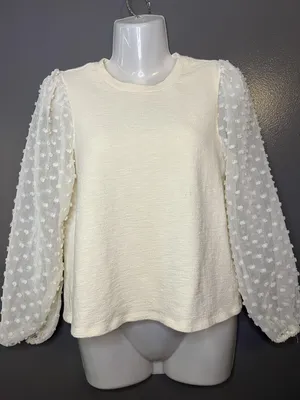 Maeve Sweater Womens Petite XS White Sheer Swiss Dot Balloon Sleeve Pullover thumbnail 2