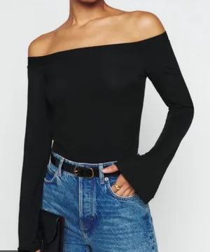 Reformation for Revolve Black Flare Sleeve Off the Shoulder Top Size L thumbnail 1