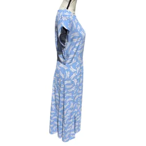 LOFT Light Blue Dragonfly Print Midi Dress Cap Sleeve Side Slit Size 10 thumbnail 3
