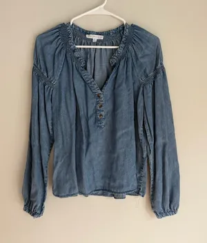 Jane and Delancey Blue Denim Henley Peasant Blouse thumbnail 1