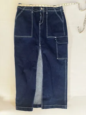 True Religion Dark Denim Front Slit Maxi Skirt with Contrast Stitching sz 28 thumbnail 10