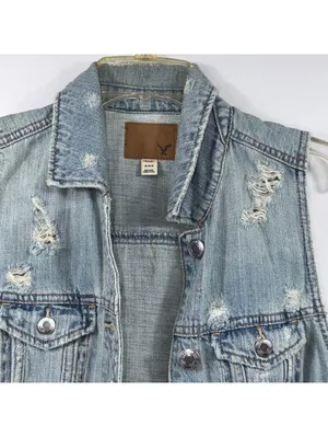 American Eagle Distressed Denim Vest Women’s Medium Light Wash Jean Vest thumbnail 2