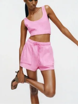 Zara Terry Cloth Pink Crop Top and Shorts Lounge Sleep Set Size Small thumbnail 1