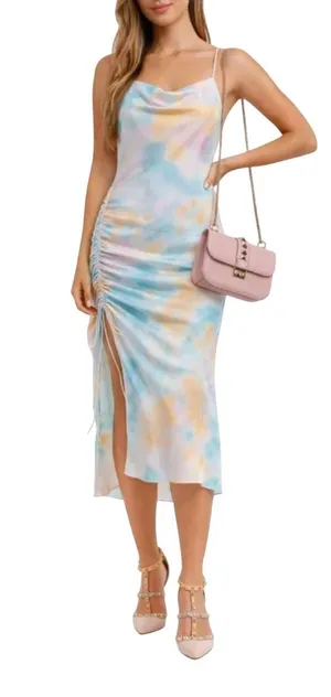 Zara Tie Dye Slip Midi Dress Tie Neck Multicolor Midi Dress Extra Small XS thumbnail 1