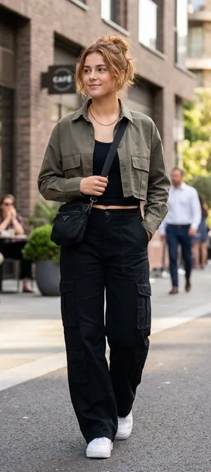 Zara Olive Green Utility Cargo Cropped Button Down Shirt L Large Shacket thumbnail 1