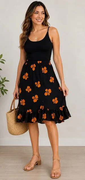 Women's Black Orange Floral Ruffle Hem Midi Skirt Elastic Waist Boho Size XL thumbnail 1