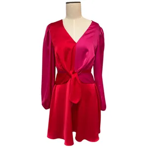 Milly Stella Satin Red Pink Colorblock Tie Waist Long Sleeve V-Neck Mini Dress 4 thumbnail 2