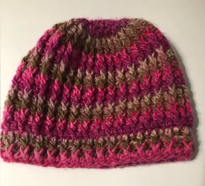 Handmade crochet knit winter hat with pony hole pink and brown tones fits‎ women thumbnail 1