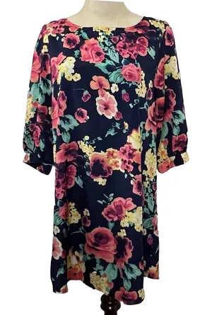 Everly Floral Shift‎ Dress Womens Medium Navy Blue Pink Elbow Sleeve Mini D5488 thumbnail 1