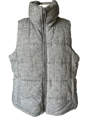 Old Navy Puffer Vest Grey Herringbone Tweed Wool Blend Fleece XL Funnel Neck thumbnail 1