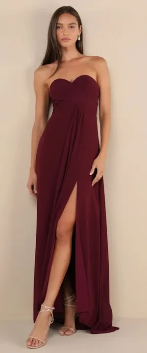 NWT Lulus Splendid Aura Plum Purple Chiffon Pleated Strapless Maxi Dress Size S thumbnail 1