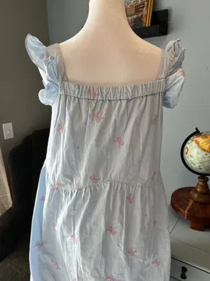 Light Blue Women’s Ruffle-Sleeve Dress with Pink Bow Embroidery Cotton Summer M thumbnail 10
