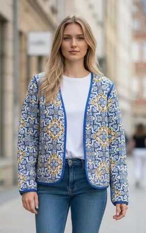 NWOT EXPRESS Reversible Blue Quilted Jacket Floral Tile Print Open Front thumbnail 1
