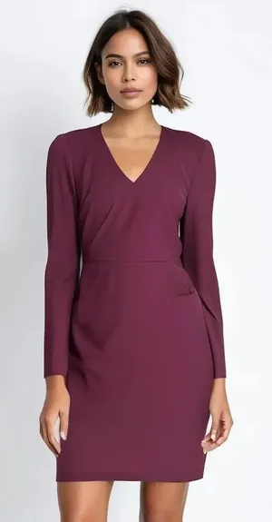Trina Turk Women's Size 6 Burgundy V-Neck Puff‎ Sleeve Knee Length Dress thumbnail 1