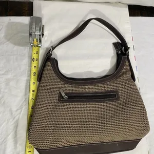 The Sak Woven Crochet Hobo Shoulder Bag Brown Leather Trim Zip Top thumbnail 5