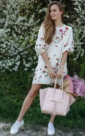 Zara Collection Dress Sz L Cotton Silk Blend Puff Sleeve Floral Embroidered thumbnail 1
