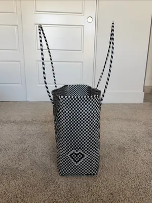 Handwoven Black and White Plastic Tote Bag - Checker Chevron Design thumbnail 2