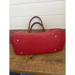 Vintage Dooney & Bourke Red Pebbled Leather Satchel Bag Tan Trim Duck Logo Large thumbnail 6