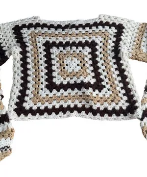 Vintage Handmade Crochet Granny Square Sweater Pullover Boho Neutral Cream Brown thumbnail 1