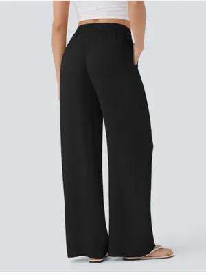 Halara Black High Waisted Drawstring Pocket Wide Leg Baggy Casual Linen-Feel Pan thumbnail 2