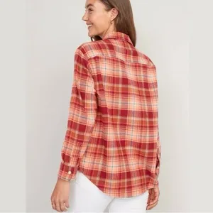 Old Navy Orange & Red Plaid Flannel Tunic The Boyfriend Shirt Size Medium thumbnail 2