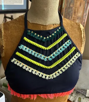 aerie Navy High-Neck Bikini Top with Coral Fringe | Size Medium (New $34.95) thumbnail 1
