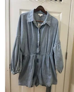 NWT Mable Denim Balloon Sleeve Rompe Sz L Tie Waist Shorts Cotton Boho Western thumbnail 2