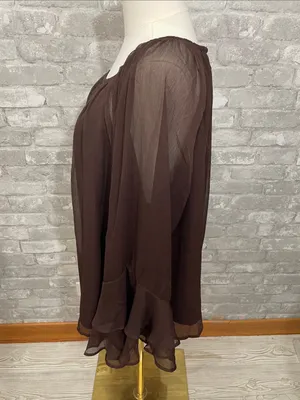 LOFT Chocolate Brown Sheer Long-Sleeve Peasant Top thumbnail 2
