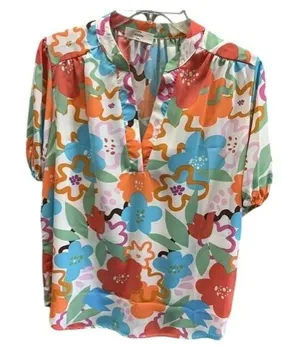 Entro Womens Floral Split Neck Puff Sleeve Blouse Multicolor Retro Print‎ thumbnail 1