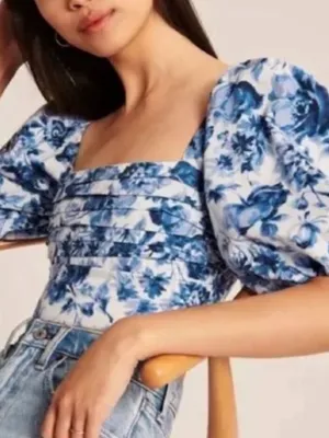 Abercrombie + Fitch Emerson Blue White Floral Smocked Puff Sleeve Top Size XL thumbnail 2