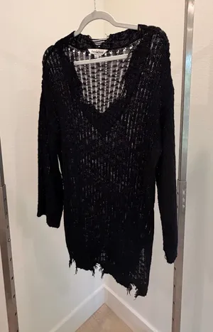 Davi & Dani Black Solid Open Knit Fringe Hem V-Neck Pullover Sweater Dress S thumbnail 1