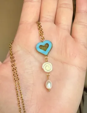 Handmade Czech glass beads & freshwater pearl gold tone stainless necklace🍃🌀🩵 thumbnail 3