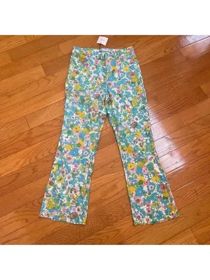 Zara High-Waisted Retro Floral Kick Flare Linen Pants Disco Cottagecore Sz 4 thumbnail 3