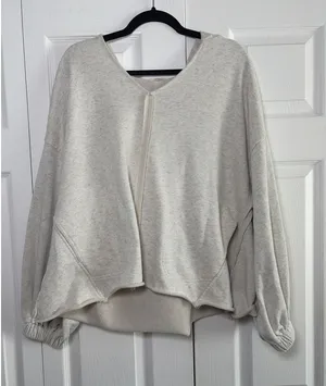 POL Oversized V-Neck Hoodie Womens Size M Oatmeal Heathered Boho Raw Hem Fleece thumbnail 1